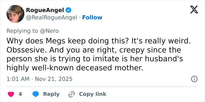 Tweet criticizing Meghan Markle for recreating a Princess Diana photo, calling it creepy and obsessive behavior. Tweet criticizing Meghan Markle for recreating a Princess Diana photo, calling it creepy and obsessive behavior.