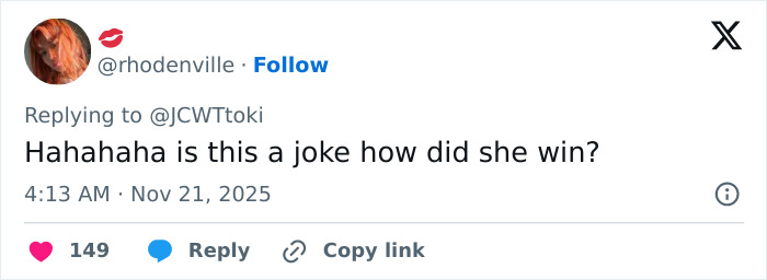 Social media user reacting with disbelief and questioning Miss Universe 2025 victory amid victim narrative backlash.