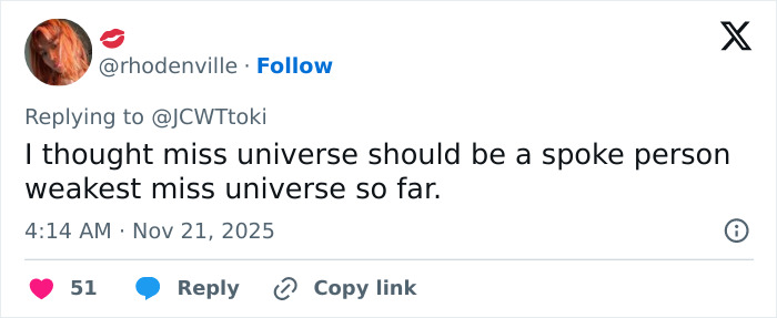 Screenshot of a social media post criticizing Miss Universe 2025 for leaning on the victim narrative after her victory and speech