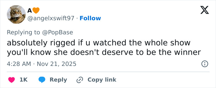 Tweet criticizing Miss Universe 2025 victory, claiming she leaned on the victim narrative and does not deserve to win.