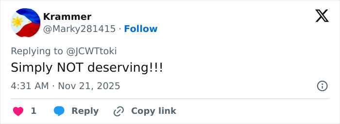 Tweet on social media criticizing Miss Universe 2025, highlighting backlash and victim narrative controversy.