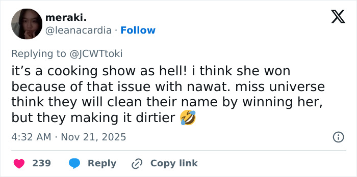 Screenshot of a tweet criticizing Miss Universe 2025 for leaning on the victim narrative after her victory and speech.