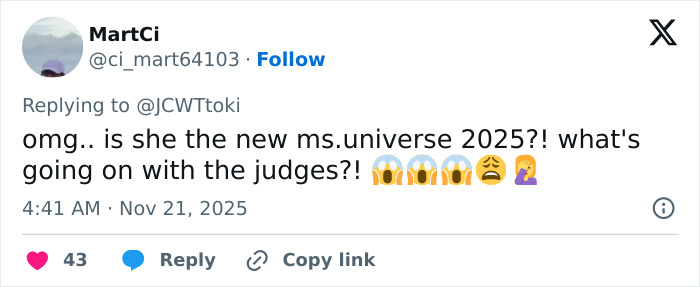 Social media user reacts with shock and disappointment to Miss Universe 2025 victory amid victim narrative backlash.