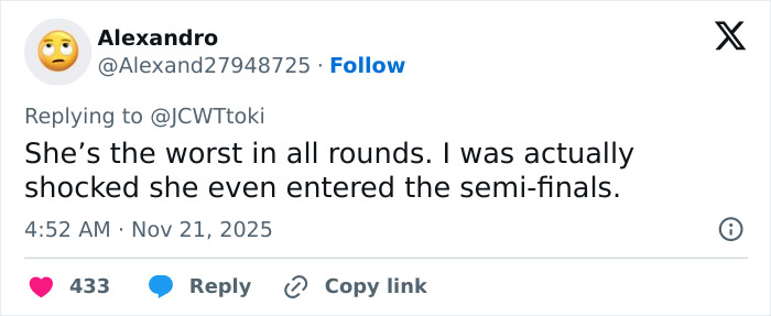 Tweet showing backlash on Miss Universe 2025, highlighting criticism and victim narrative controversy after her victory and speech.