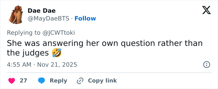 Twitter reply criticizing Miss Universe 2025 for leaning on the victim narrative during her victory speech.