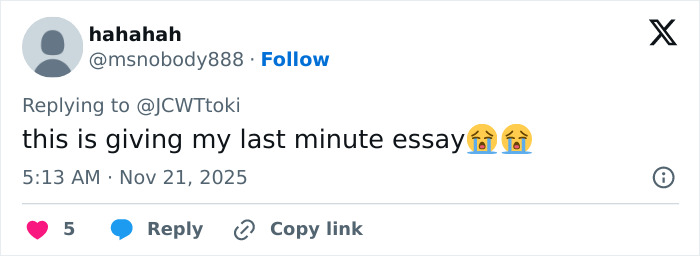 Tweet on a social media platform showing a user expressing stress about a last minute essay with crying emojis.