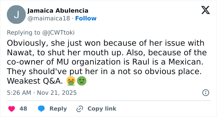 Twitter post criticizing Miss Universe 2025, accusing her of leaning on the victim narrative after her win and speech.