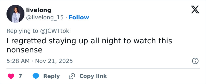 User livelong expresses regret after watching the Miss Universe 2025 victory and speech backlash on social media.