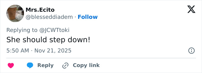 Screenshot of a social media comment demanding the Miss Universe 2025 winner step down amid victim narrative backlash.