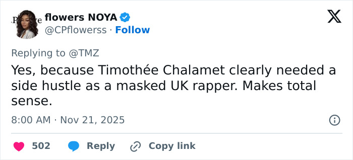 Screenshot of a tweet about Timoth&eacute;e Chalamet rumored to be masked rapper EsDeeKid in a viral fan theory.