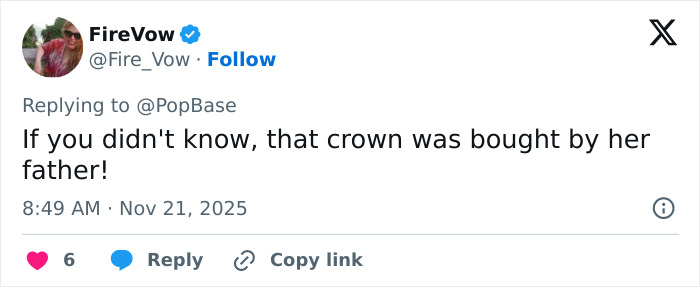Tweet criticizing Miss Universe 2025 victory, mentioning victim narrative and backlash over her crown and speech.