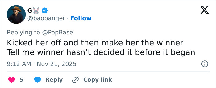 Screenshot of a social media reply criticizing Miss Universe 2025 and her victim narrative in the victory speech.