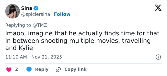 Tweet by Sina discussing Timoth&eacute;e Chalamet and the theory linking him to masked rapper EsDeeKid in a viral video.