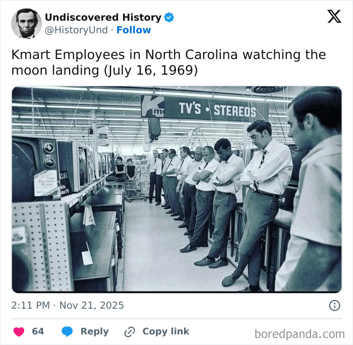 Kmart employees in North Carolina watching the moon landing on old TVs in a vintage store setting, capturing moments lost to time