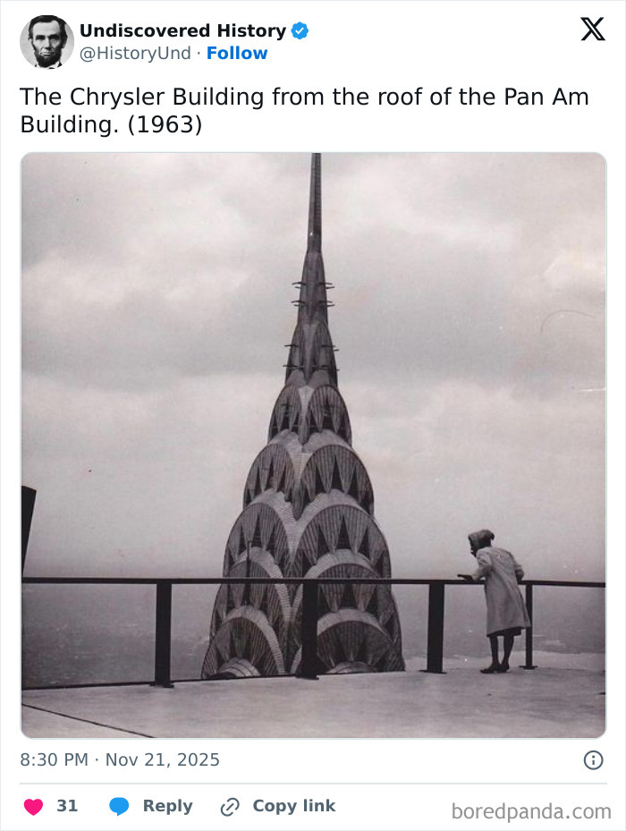 Black and white photo showing the Chrysler Building spire with a person leaning on a railing, revealing moments lost to time.