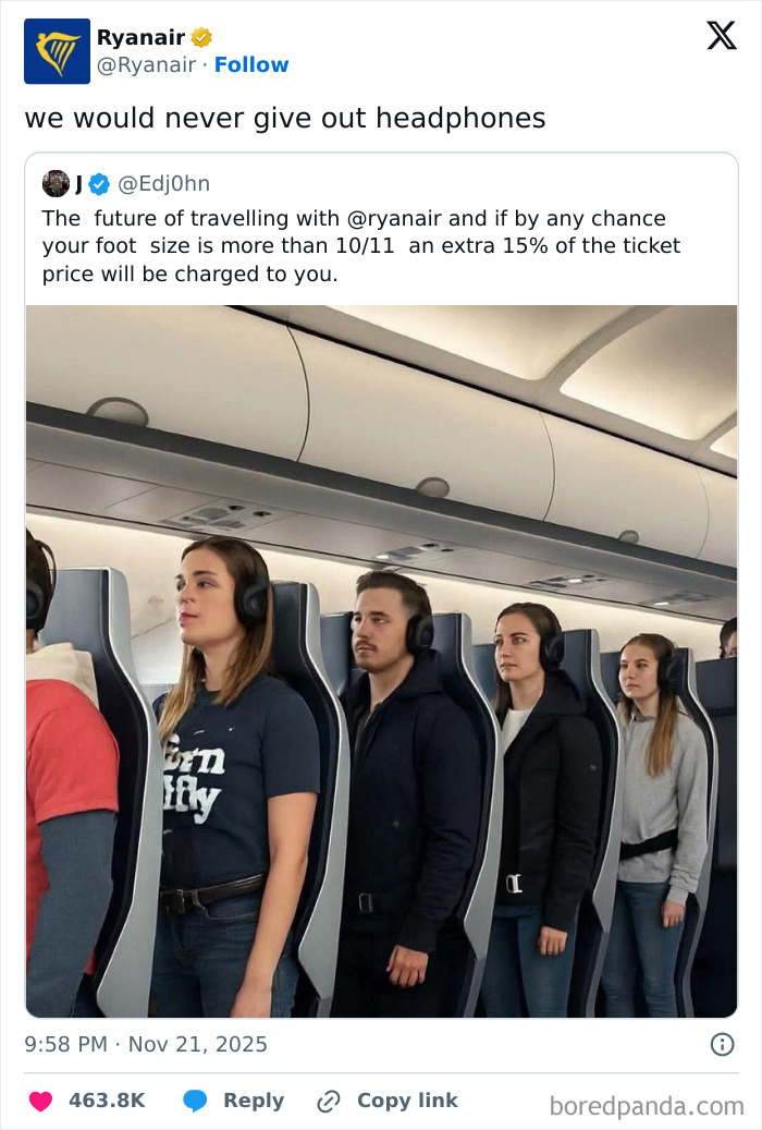 Passengers wearing headphones and standing in narrow airplane seats in a relatable and hilarious X post about travel.