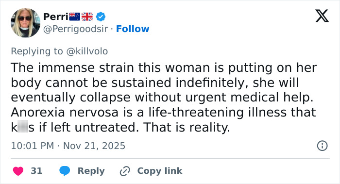 Tweet expressing concern about Ariana Grande's transformation and the strain on her body linked to tons of surgery.