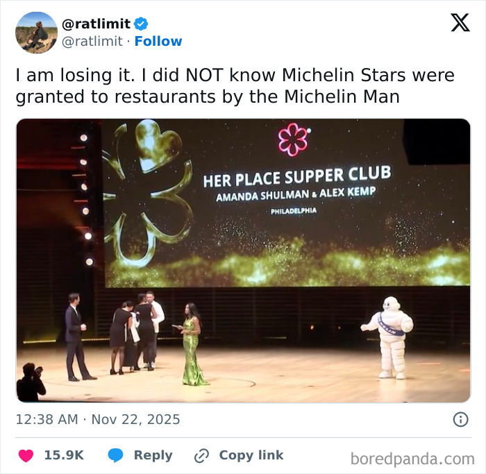 Tweet about Michelin Stars with a humorous tone, part of hilarious and relatable X posts from November collection.