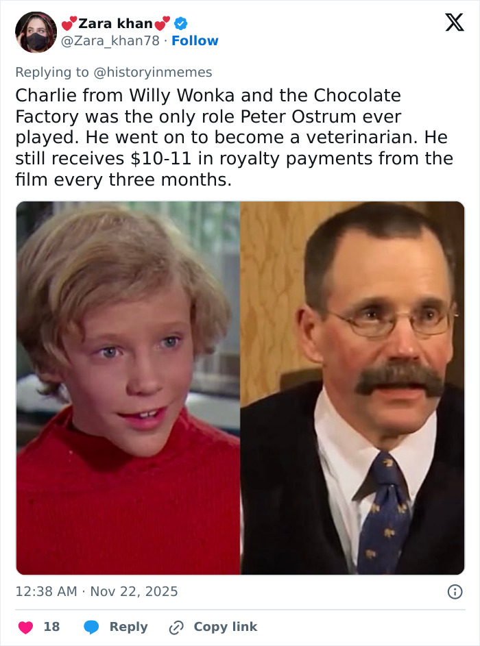 Side-by-side images of Peter Ostrum as a child actor and as an adult veterinarian, shared on an IG page with daily facts.