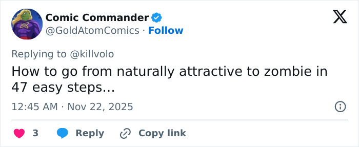 Tweet from Comic Commander joking about transformation with concern over Ariana Grande's surgery and changing appearance.