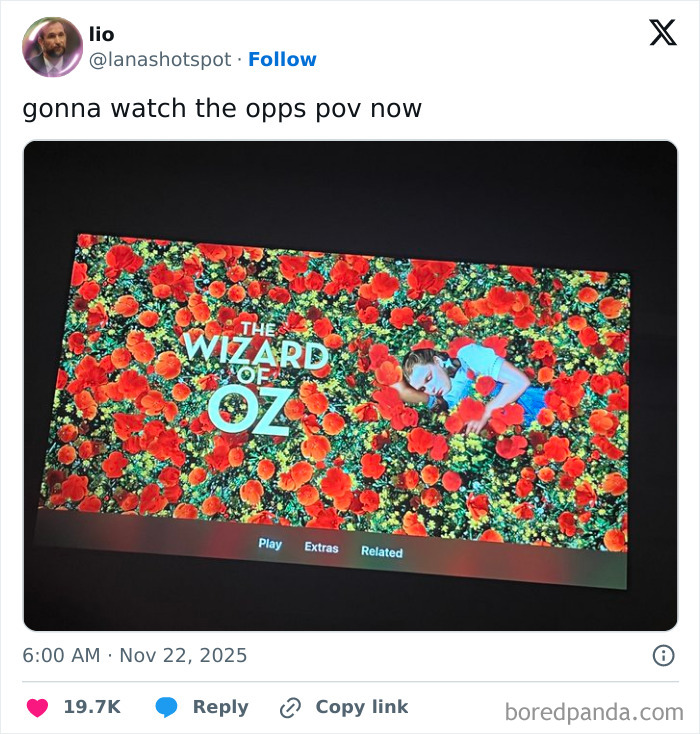 Tweet showing a humorous X post with a screenshot of The Wizard of Oz movie on a screen, relatable November humor.