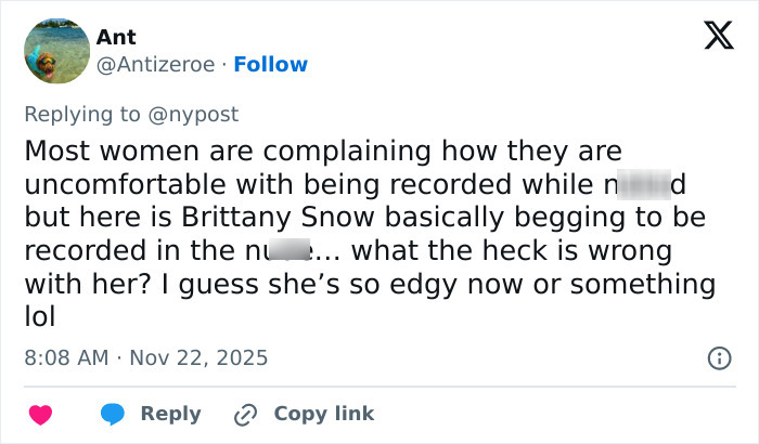 Tweet discussing Brittany Snow and Hollywood’s hidden age rule for women in adult scenes, highlighting discomfort with nudity. Tweet discussing Brittany Snow and Hollywood’s hidden age rule for women in adult scenes, highlighting discomfort with nudity.