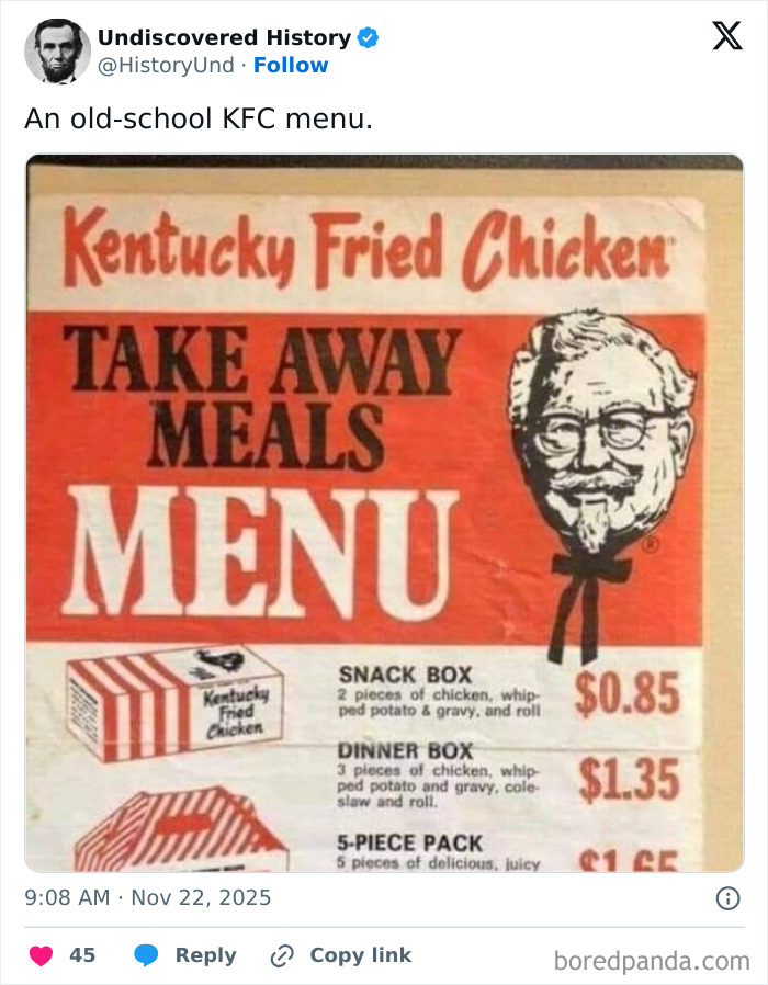 Vintage Kentucky Fried Chicken takeaway menu showing snack and dinner boxes with prices, revealing moments lost to time.