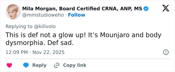 Tweet from Mila Morgan expressing concern about body dysmorphia and transformation, linked to Ariana Grande surgery worries.