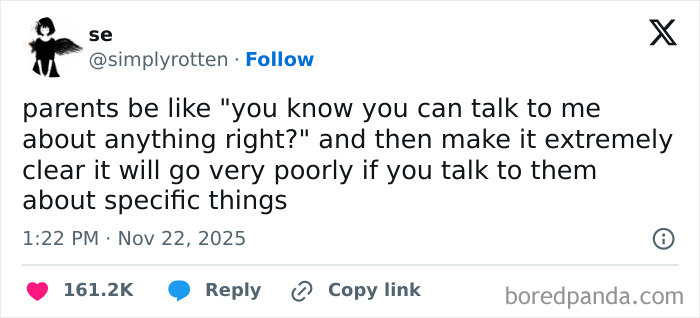 Relatable X post about parents saying you can talk to them but reacting poorly to specific topics, from hilarious November posts.