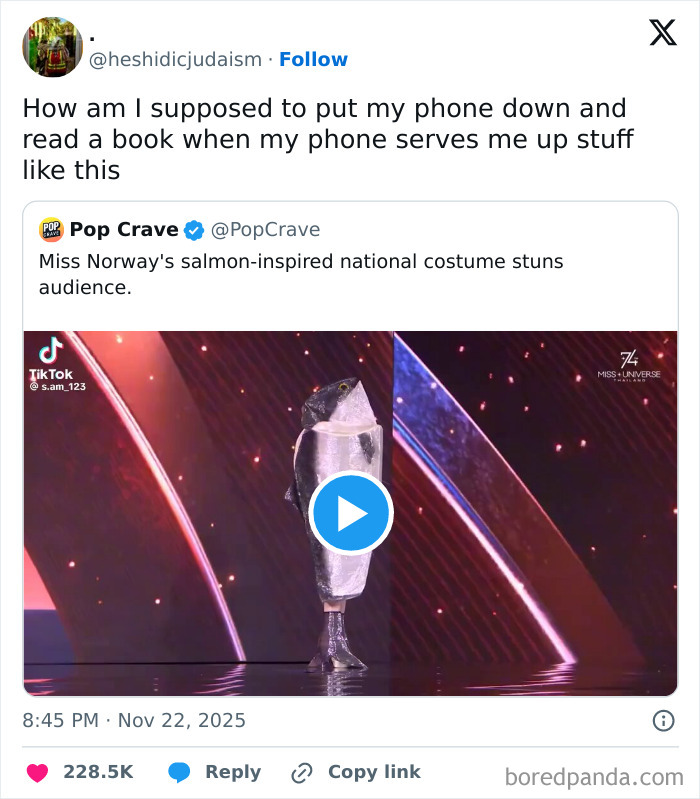A hilarious and relatable X post showing Miss Norway in a salmon-inspired costume on stage at a pageant.