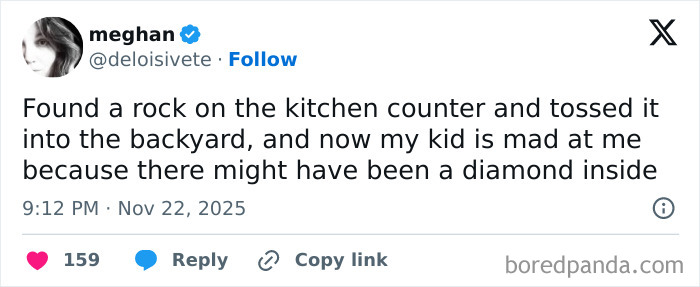 Funny tweet from a parent about finding a rock and a child’s reaction, shared in a collection of funny tweets parents posted.