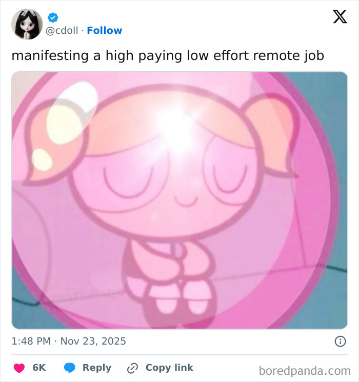 Cartoon character meditating inside a bubble, illustrating the challenges of having a job in a humorous tweet.
