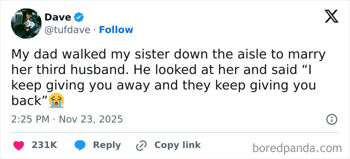 Screenshot of a hilarious and relatable X post about family moments, shared to brighten a long day in November.