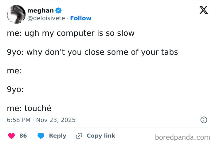 Funny parent tweet about slow computer and a child's advice shared on social media for quiet time humor.