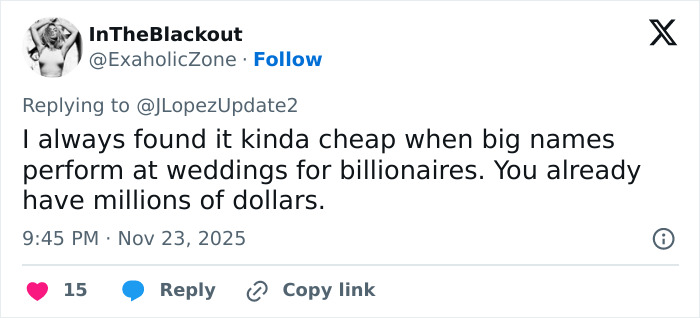Tweet criticizing Jennifer Lopez's risqué performance at a billionaire's wedding, calling it cheap despite their wealth. Tweet criticizing Jennifer Lopez's risqué performance at a billionaire's wedding, calling it cheap despite their wealth.
