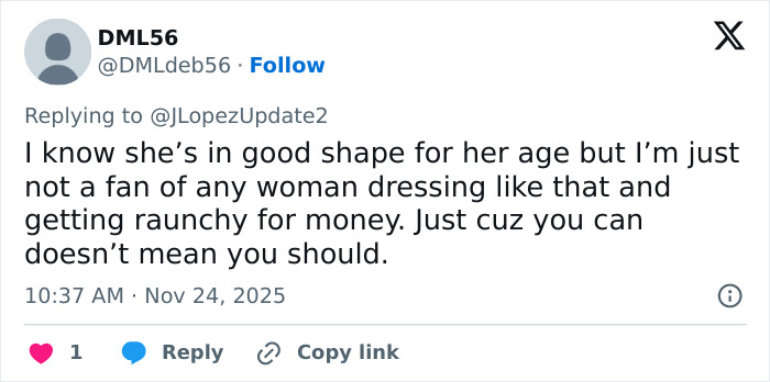 Tweet criticizing Jennifer Lopez's risqué performance, highlighting negative reactions to her act at billionaire's wedding. Tweet criticizing Jennifer Lopez's risqué performance, highlighting negative reactions to her act at billionaire's wedding.