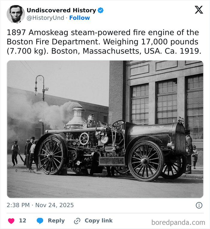 Steam-powered fire engine from 1919 in Boston, showcasing a fascinating photo revealing moments lost to time.