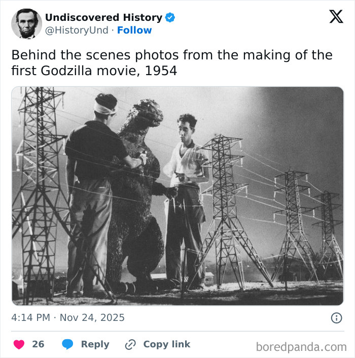 Black and white behind-the-scenes photo of 1954 Godzilla movie capturing moments lost to time during filming.