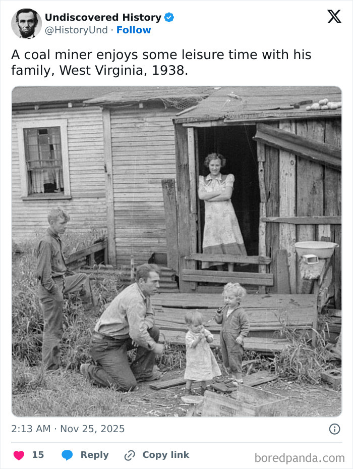 Coal miner and family spending leisure time outside their rustic home in West Virginia, a moment lost to time in 1938.