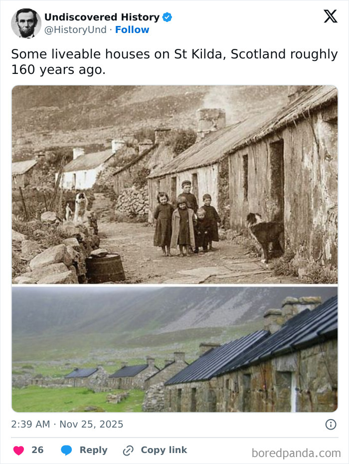 Old and recent photos of St Kilda, Scotland showing houses and people revealing moments lost to time.