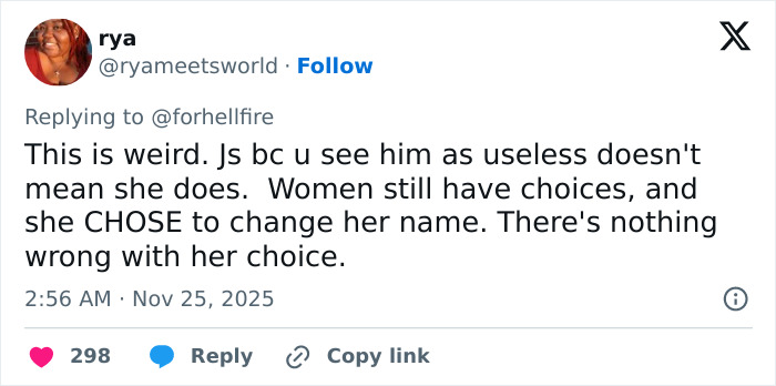 Tweet from a user discussing Millie Bobby Brown legally changing her name and defending her personal choice online.