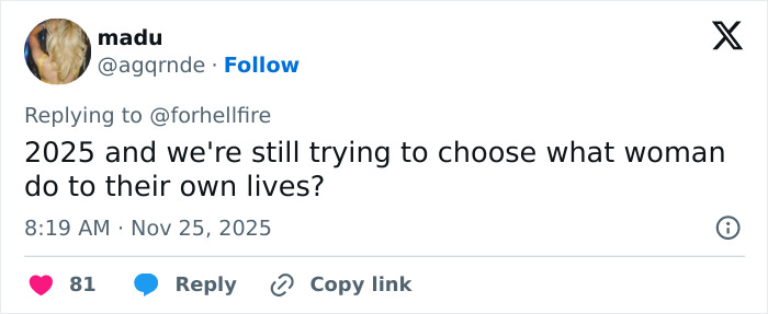 Twitter user madu responds to a thread about Millie Bobby Brown legally changing her name, mentioning women&rsquo;s life choices.