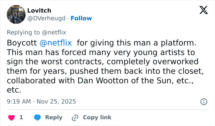 Twitter screenshot showing a user criticizing Simon Cowell for blaming Liam Payne's mental collapse and exploitative contracts.