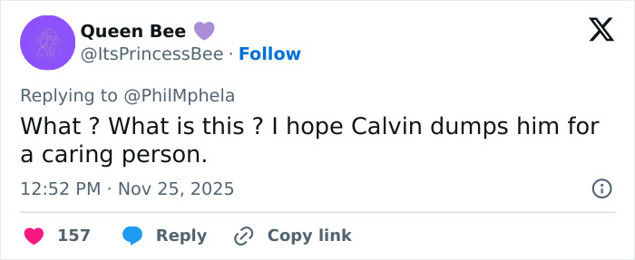Tweet from user Queen Bee reacting to Calvin Klein and boyfriend, discussing public backlash and relationship criticism online.