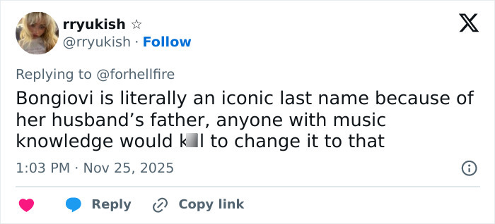 Twitter user discussing the iconic last name Bongiovi connected to Millie Bobby Brown's legal name change controversy.