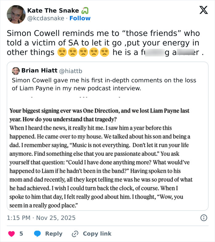 Twitter post showing a user commenting on Simon Cowell&rsquo;s remarks about Liam Payne&rsquo;s mental health and career impact.