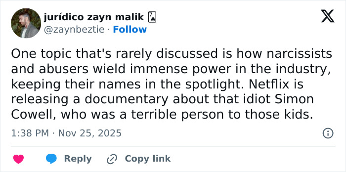 Tweet criticizing Simon Cowell&rsquo;s impact on the industry amid discussions of Liam Payne&rsquo;s mental health collapse.