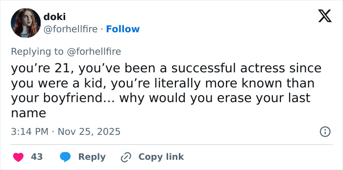 Fan tweet expressing confusion and frustration over Millie Bobby Brown legally changing her name at age 21.