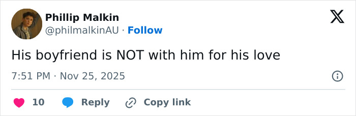 Tweet screenshot with a comment criticizing the boyfriend's reaction to Calvin Klein, 83, stumbling in a public setting.