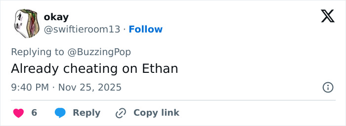 Tweet about Ariana Grande and Jonathan Bailey&rsquo;s interaction, humorously referencing home wrecking and cheating rumors.